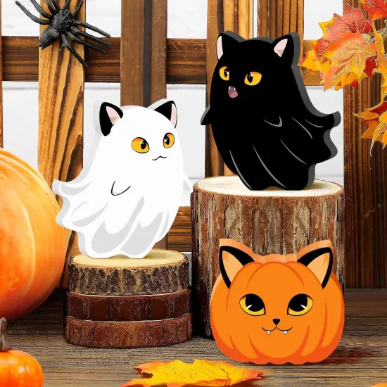 Halloween Cat Ghost Wooden Signs Pumpkin Decor - 3PCS {1}