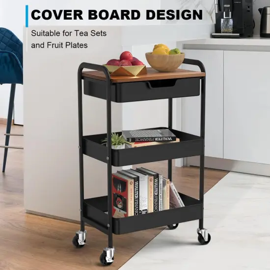 3 Tier Rolling Cart with Drawer, Metal Utility Cart on Wheels Storage Cart {4}