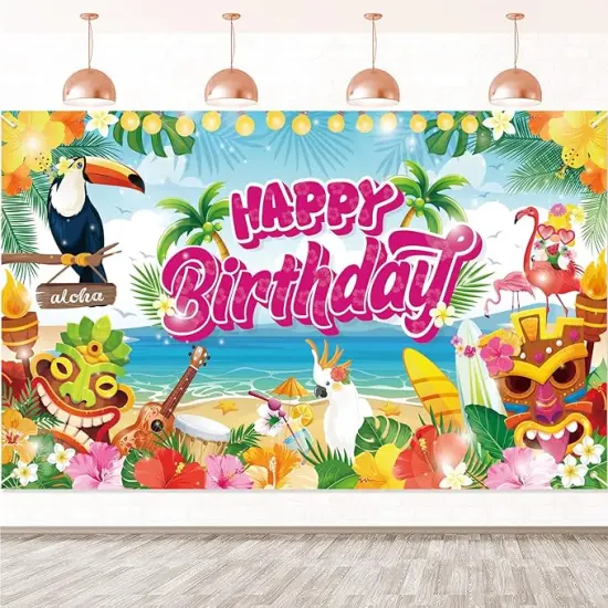 Hawaiian Birthday Backdrop Banner Decorations Aloha Luau Party, Large 72" x 43" Summer Happy Birthday Party Supplies for Hawaiian Tiki Beach Pool Party Flamingo Jungle Photography {1}