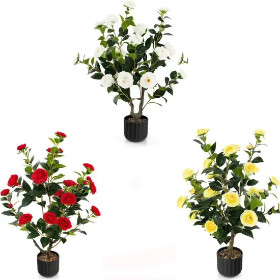 2pcs 38" Artificial Camellia Tree Flower Plant in Yellow Cement Red {7}