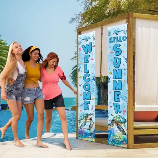 Welcome Summer Porch Banner Sea Turtle Summer Door Banner Hawaiian Ocean Nautical Porch Sign Welcome Hanging Banner Decor Tropical Sea Turtle Seasonal Outdoor Indoor Holiday Cruise Party Decorations {2}