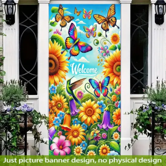 Welcome Door Cover Spring Butterfly Design Door Banner 71x35 Inch Polyester Summer Sunflower Hummingbird Decoration for Front Door Outdoor Decor {3}