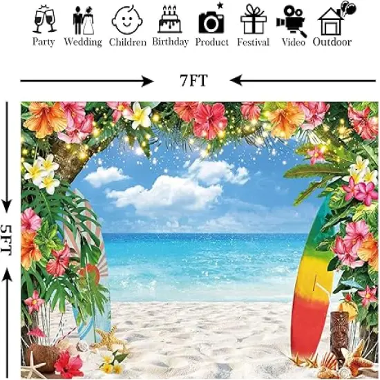 7x5ft Polyester Summer Beach Seaside Backdrop Hawaiian Tropical Palm Leaves Surfboard Photography Background for Aloha Luau Party Decoration Banner Portrait Photo Booth Props {4}
