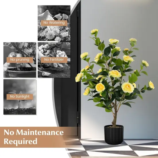 2pcs 38" Artificial Camellia Tree Flower Plant in Yellow Cement {4}