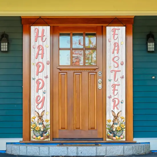 Happy Easter Porch Banner Wood Board Bunny Rabbit Easter Eggs Flower Front Porch Welcome Sign Easter Spring Summer Party Decorations and Supplies for Home-12&times;71'' {2}