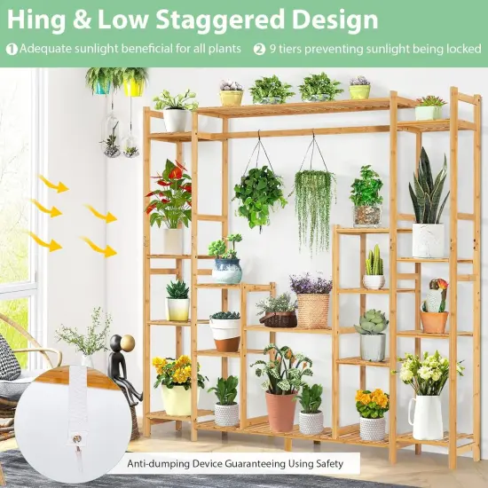 Sturdy Multi-Tier Natural Bamboo Plant Stand with Hanging Rack {3}