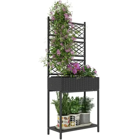 Outdoor Wicker Planter Box with Trellis & Shelf Black {1}