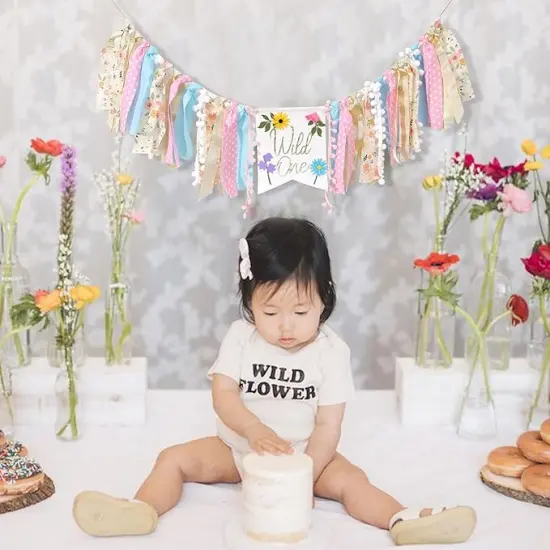 Wild flower High Chair Banner - Girls Wild One 1st Birthday Decoration, Floral Theme Highchair Banner, Our Little Wild flower Is Turning One Birthday Decor, Spring Girls First Birthday Banner {3}