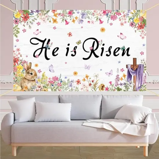 He Is Risen Backdrop Happy Easter Spring Banner Bunny Grass Jesus Cross Outdoor Indoor Front Door Wall Fence Background Decorations for Easter Festival 70.8 x 43.3 inch {4}
