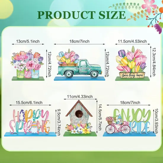 Spring Table Decorations, 6 Pcs Wooden Flower Signs, Rustic Freestanding Tabletop for Party Restaurant Decor (Spring, 4.72 inches / 12 cm) {3}