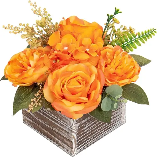 Artificial Flower Arrangement, 8'' Orange Roses Peonies Hydrangeas in Wooden Planter, Rustic Fake Flowers in Pot for Home Decor Living Room - 1PC {1}