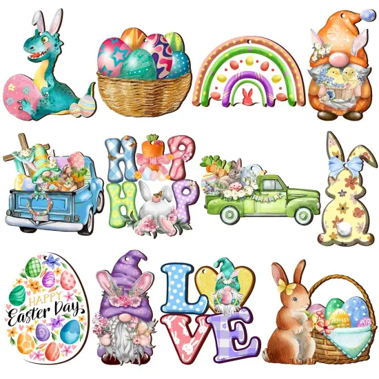 24 Wooden Hanging Ornaments, Hanging Decor for Tree, Happy Easter Egg Gnome Bunny Wooden Craft Spring Party Supplies Home Decor {1}