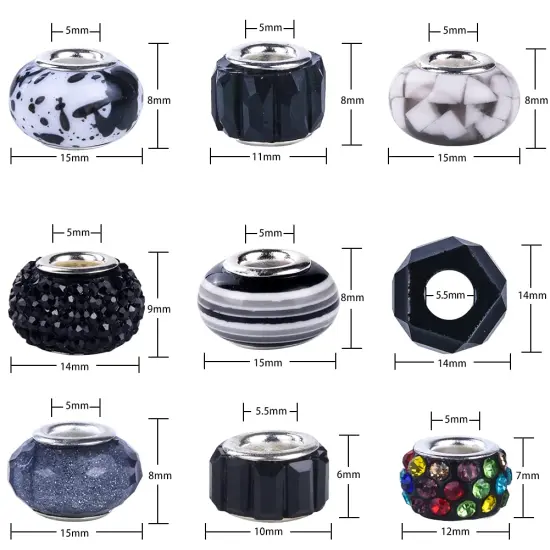 Aipridy Assortment European Large Hole Beads Spacer Beads Rhinestone Craft Beads for DIY Charms Bracelet Jewelry Making (Black-White) {4}