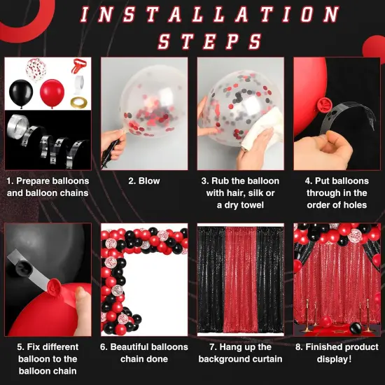 137 Pcs Black Red Party Decorations with 4 Sequin Backdrop Curtain 133 Balloon Arch Kit 2025 Graduation Decorations Birthday Party Photo Backdrop for Wedding Anniversary Decor {3}
