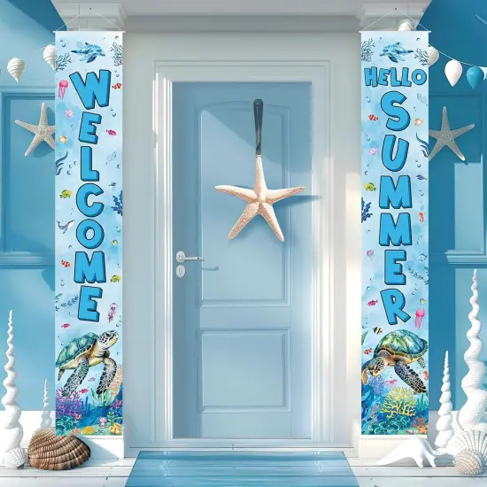 Welcome Summer Porch Banner Sea Turtle Summer Door Banner Hawaiian Ocean Nautical Porch Sign Welcome Hanging Banner Decor Tropical Sea Turtle Seasonal Outdoor Indoor Holiday Cruise Party Decorations {4}