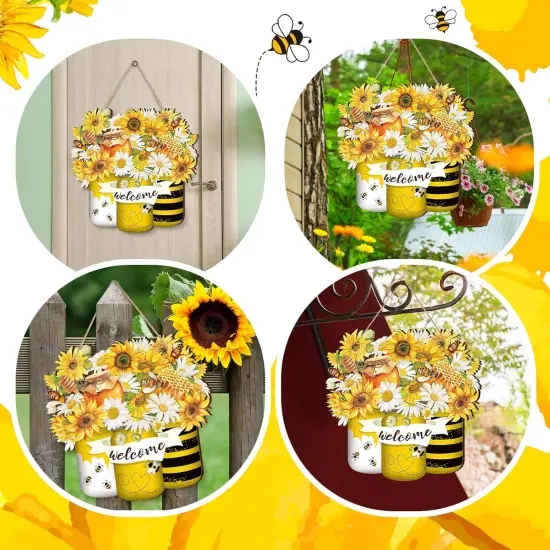 Bee Welcome Wood Door Yellow Bee summer Hanger Wooden Sign Farmhouse Wall Porch Art Summe Wreath Hanging for Front Door Decoration {3}