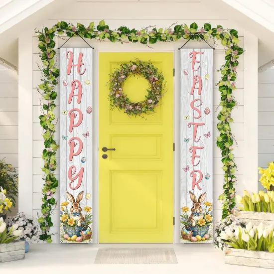 Happy Easter Porch Banner Wood Board Bunny Rabbit Easter Eggs Flower Front Porch Welcome Sign Easter Spring Summer Party Decorations and Supplies for Home-12&times;71'' {3}