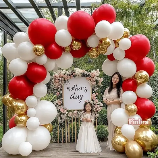 Red White Gold Balloon Arch Double Stuffed Ruby Red White Metallic Gold Balloon Garland Kit {3}