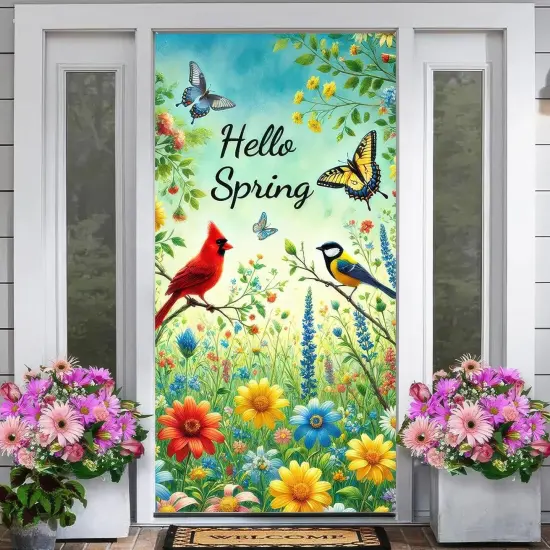 Spring Door Cover 71x35 Inch Bird Flower Door Banner Hello Spring Seasonal Front Door Decoration for Welcome Holiday Spring Summer Easter Decor Indoor Outdoor {4}