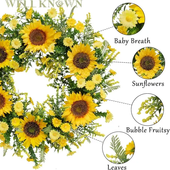 ​Sunflower Wreaths for Front Door, Well Known 21 Inch Yellow Fall and Summer Door Wreath for Sunflower, Handmade Silk Sunflower Decor for Home Party Festival Wedding Decor {4}