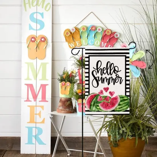 Hello Summer Watermelon Garden Flag Double Sided Black Stripes Watermelon Fruit Cool Summer Yard Flag Seasonal Holiday Outdoor Outside Decoration 12.5x18 Inch {3}