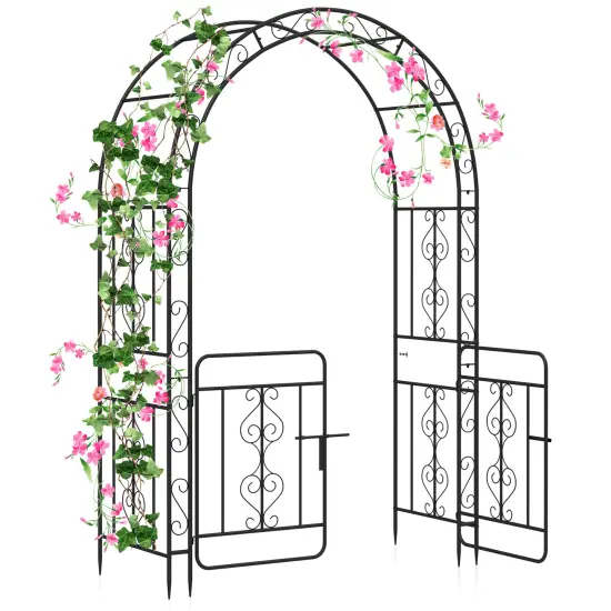 Garden Arbor with Gate with Multiple Side Crossbars and 4 Sharp Ground Stakes-Black {4}