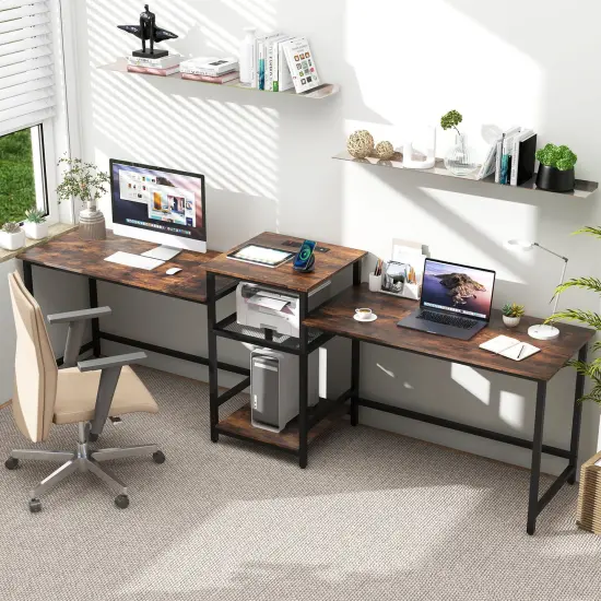 2-Person Computer Desk with Power Outlet and Printer Stand-Rustic Brown {6}