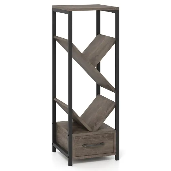Grey 4 Tier Floor Tree Bookshelf with Drawer and Metal Frame Perfect for Any Room {1}