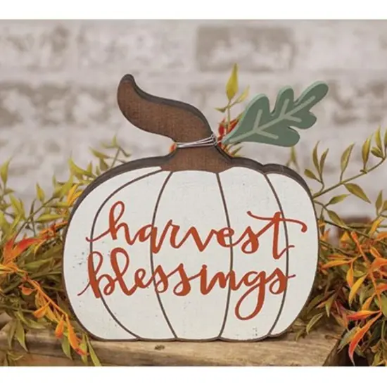 Harvest Blessings Pumpkin Sitter with Green Leaf Accent for Autumn Decor {2}