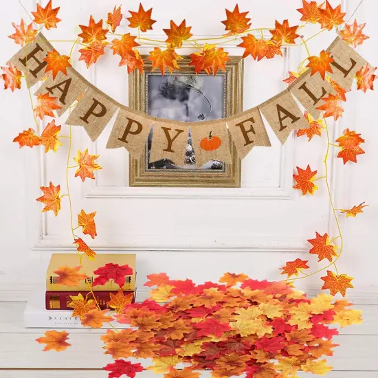 Happy Fall Pumpkin Burlap Banner and Maple Leaf {2}
