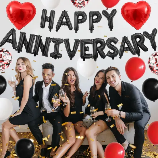 Anniversary Decorations &ndash; Foil Balloon Banner with Confetti and Heart Balloons (Black Red) {4}