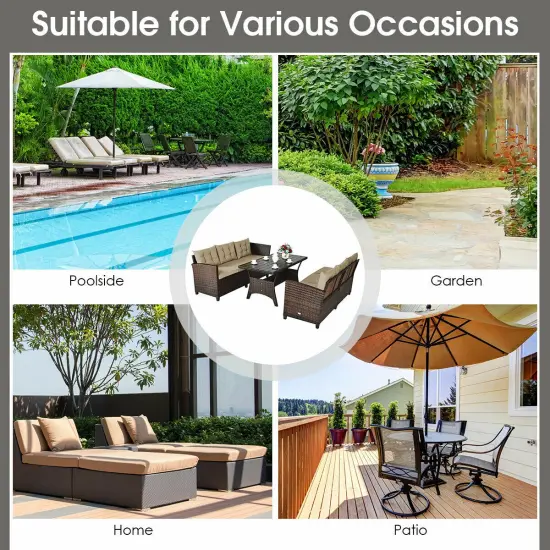 3 Pcs 6 Seats Rattan Dining Set Patio Furniture Sofa with Cushions {5}