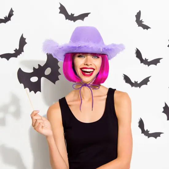 Womens Cowboy Hat - Cute, Fluffy, Sparkly Cowgirl Hat with Feathers for Halloween, Birthday, Bachelorette Party (Purple) {4}