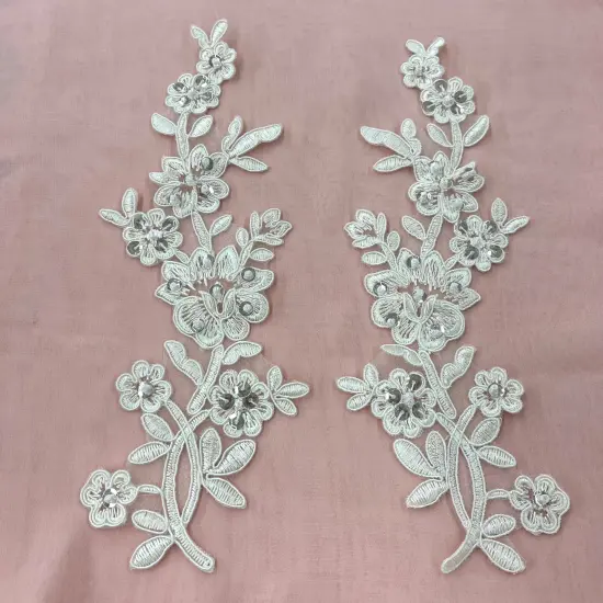 1 Pair Beaded & Corded Floral Lace Applique 10" x 2" Each Side Ivory {1}