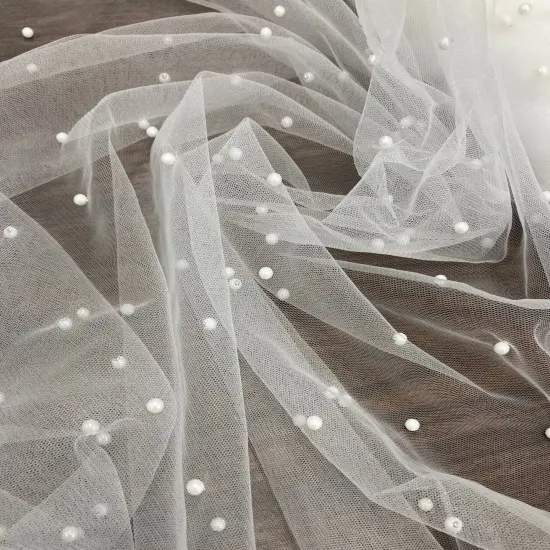 1 Yard 2-Way Stretch Net Mesh Fabric with Scattered Pearls 60" Wide Soft Tulle for Gowns, Veils, and Special Occasion Wear Dimond White {1}