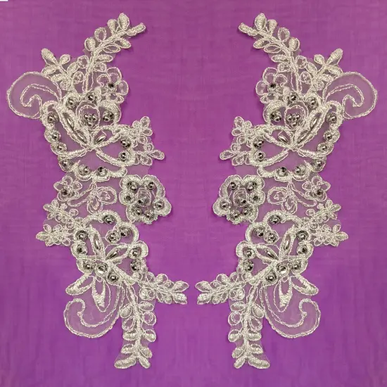 1 Pair Beaded & Corded Lace Applique Embroidered on 100% Polyester Organza 7.5" x 2.75" Each Side White {5}
