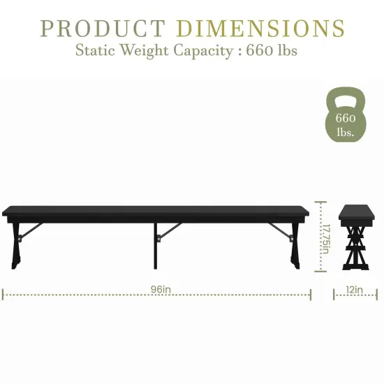 Merrick Lane Tinsley 8' x 12" Solid Pine Folding Farmhouse Style Bench, Rustic Pinewood Folding Dining Bench with Locking X-Legs Black Wash {6}