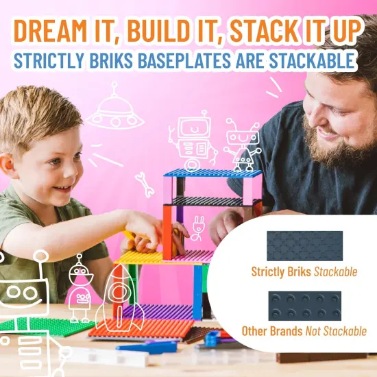 Strictly Briks 4 Pack Classic Stackable Baseplates 10x10 in, Building Bricks Plates with 32 x 32 Studs, Towers, Shelves, 100% Compatible with All Major Brands, 4 Plates & 30 Stackers, Charcoal Gray Black {5}