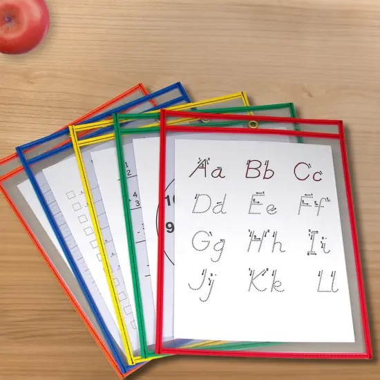 School Smart Reusable Dry Erase Pocket Sleeves, 10-1/2 x 13 Inches, Assorted, Set of 10 {4}