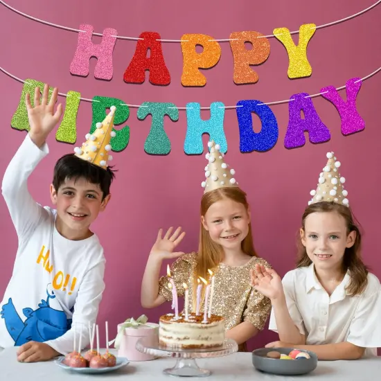 Pre-Strung Rainbow Happy Birthday Banner - NO DIY - Colorful Rainbow Party Banner Decorations, Glitter Birthday Party Garland {4}