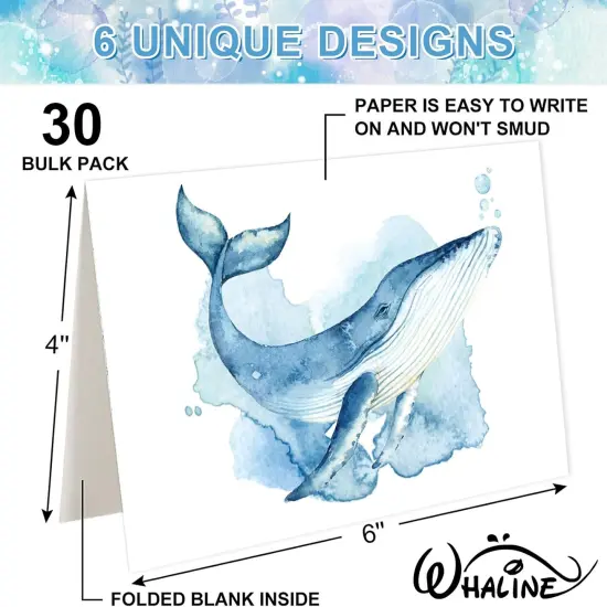 30 Pack Watercolor Ocean Greeting Cards Turtle Whale Jellyfish Stationery Cards with Envelopes Stickers Summer Sea Blank Note Cards for Party Invitation Supplies, 4 x 6 Inch {2}