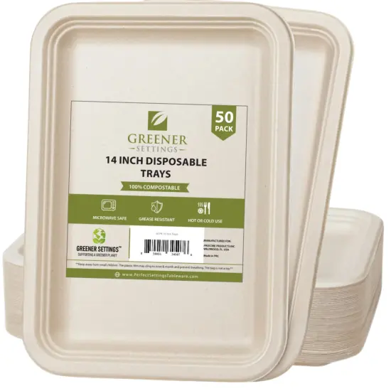 Greener Settings 50 Pack Compostable Disposable Trays, 14-Inch Heavy-Duty Biodegradable Sugarcane Plates, Eco-Friendly, Microwave-Safe, Grease-Resistant, Perfect for Parties, Catering, and BBQs {2}