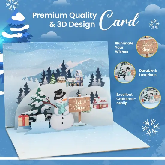 3D Popup Christmas Holiday Greeting Card with Music and Lights, Snowman Let It Snow Scene Design, Handmade - Includes Blank Note Card, Mailing Envelope - Plays Holiday Music {2}