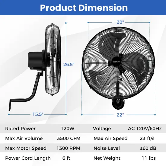20 Inch Wall Mount Fan with 3 Fan Speeds and Adjustable Tilt Head-Black {4}