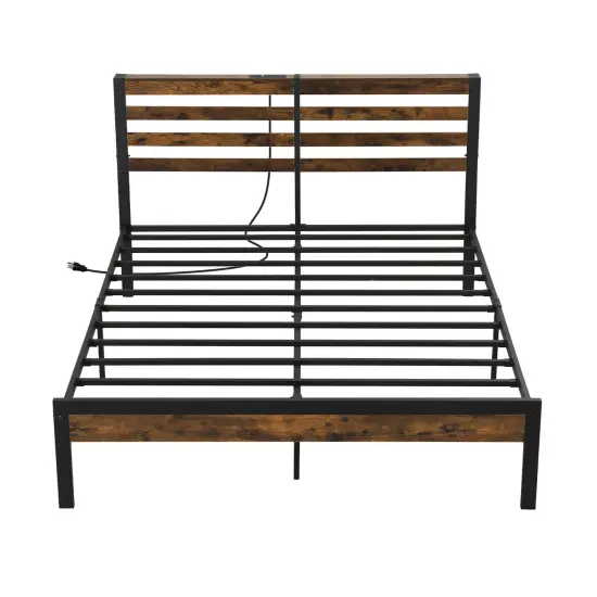Rustic Brown Platform Bed Metal Frame with Charging Station and Storage Headboard {1}