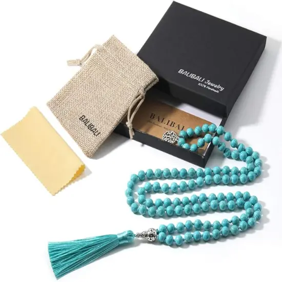 108 Mala Beads Necklace Semi-Precious Gem Stones Meditation Necklace 108 Hand Knotted Japa Mala Beaded Tassel Necklace with Tree of Life Pendant {6}