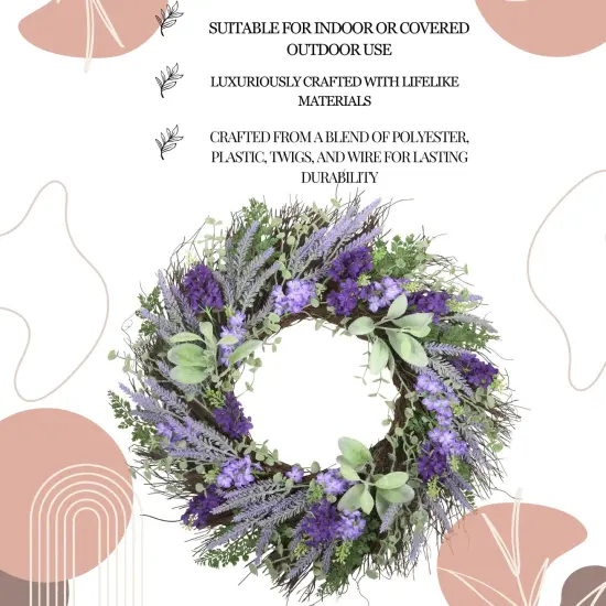 Haute Decor Mixed Lavender Floral 24-Inch Spring and Summer Wreath with Natural Grapevine {4}