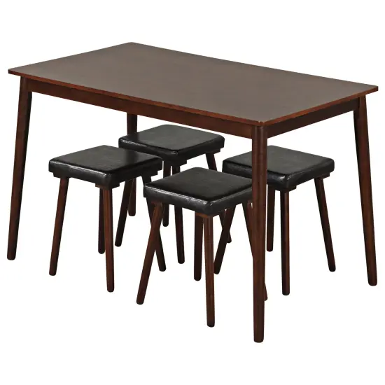 5 Piece Dining Table Set for 4 with 4 Upholstered Stools and Rubber Wood Legs-Brown {1}