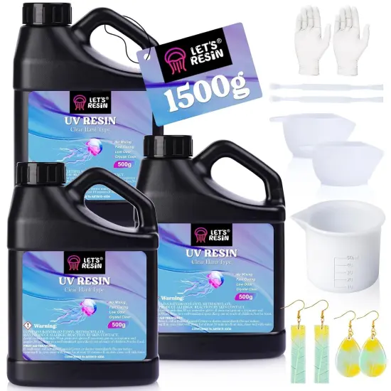 LET'S RESIN UV Resin, Upgraded 1500g Ultraviolet Epoxy Resin Clear, Odorless & Low Shrinkage UV Resin Hard with Silicone Measuring Cups, UV Resin Kit for Jewelry, UV Resin Molds, Craft Decoration {1}