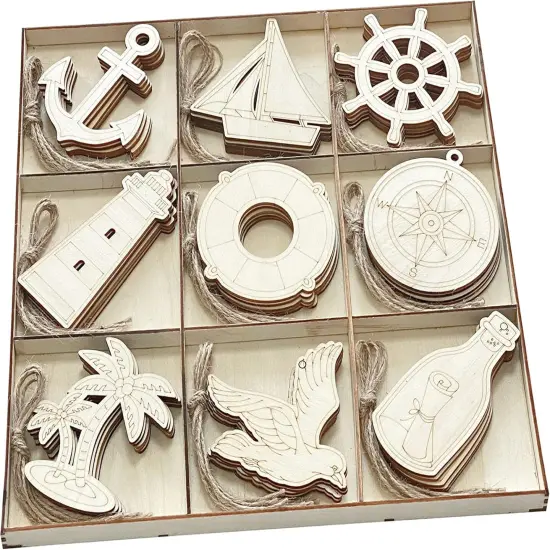 45 Pack Unfinished Nautical Wood Cutouts for Crafts, Wooden Anchor,Sailboat,Ship Wheel,Compass for DIY Project 3.5 Inch 5 Peices Each {2}